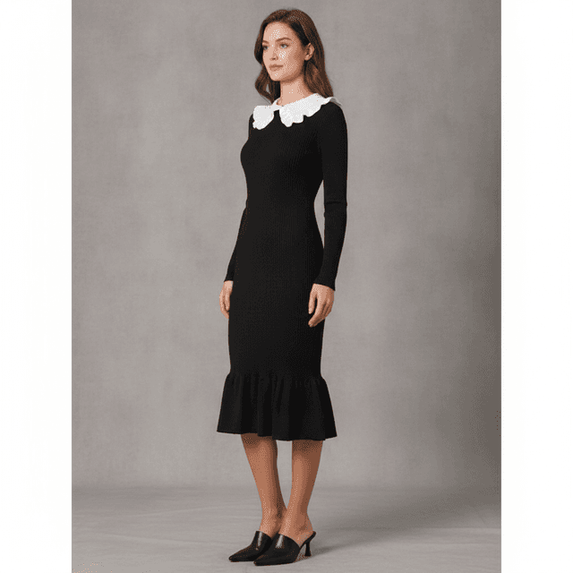 Inspire Black Sleeve Long Midi Knit Collar Party Dress