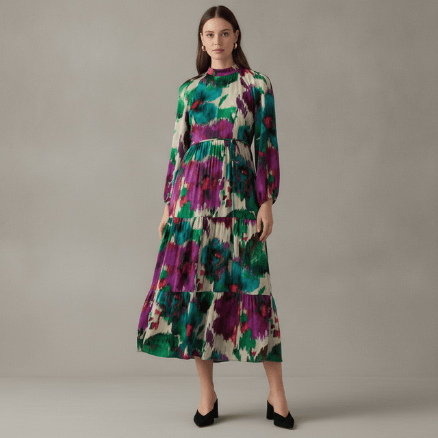 Women's Long Sleeve Mock Neck Floral Print Satin Dress