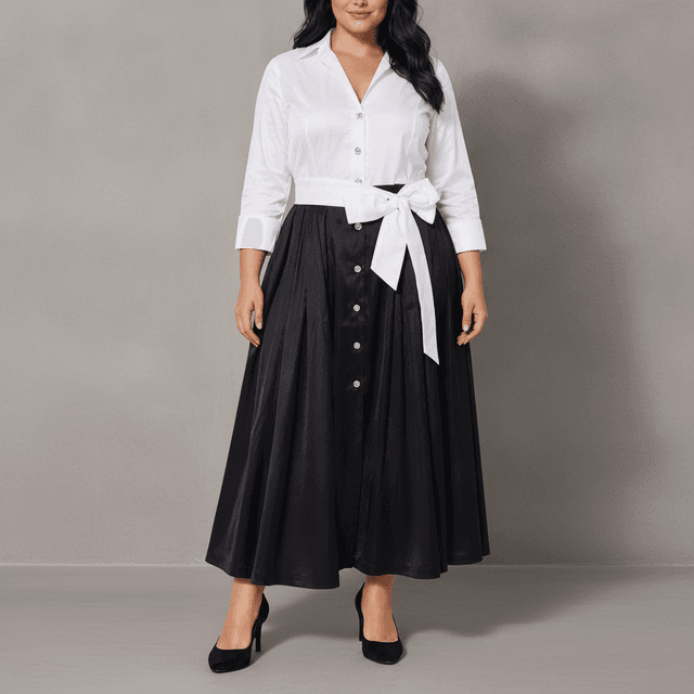 Oleg Cassini Stretch Taffeta Collar Midi Dress - Plus - Black/White