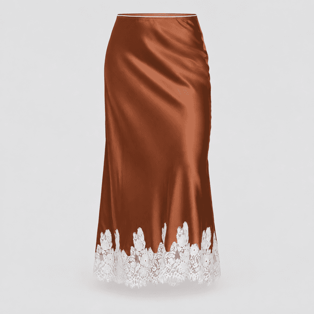 Stretch-Satin Lace-Trim Midi Skirt - Burnt Cinnamon Brown